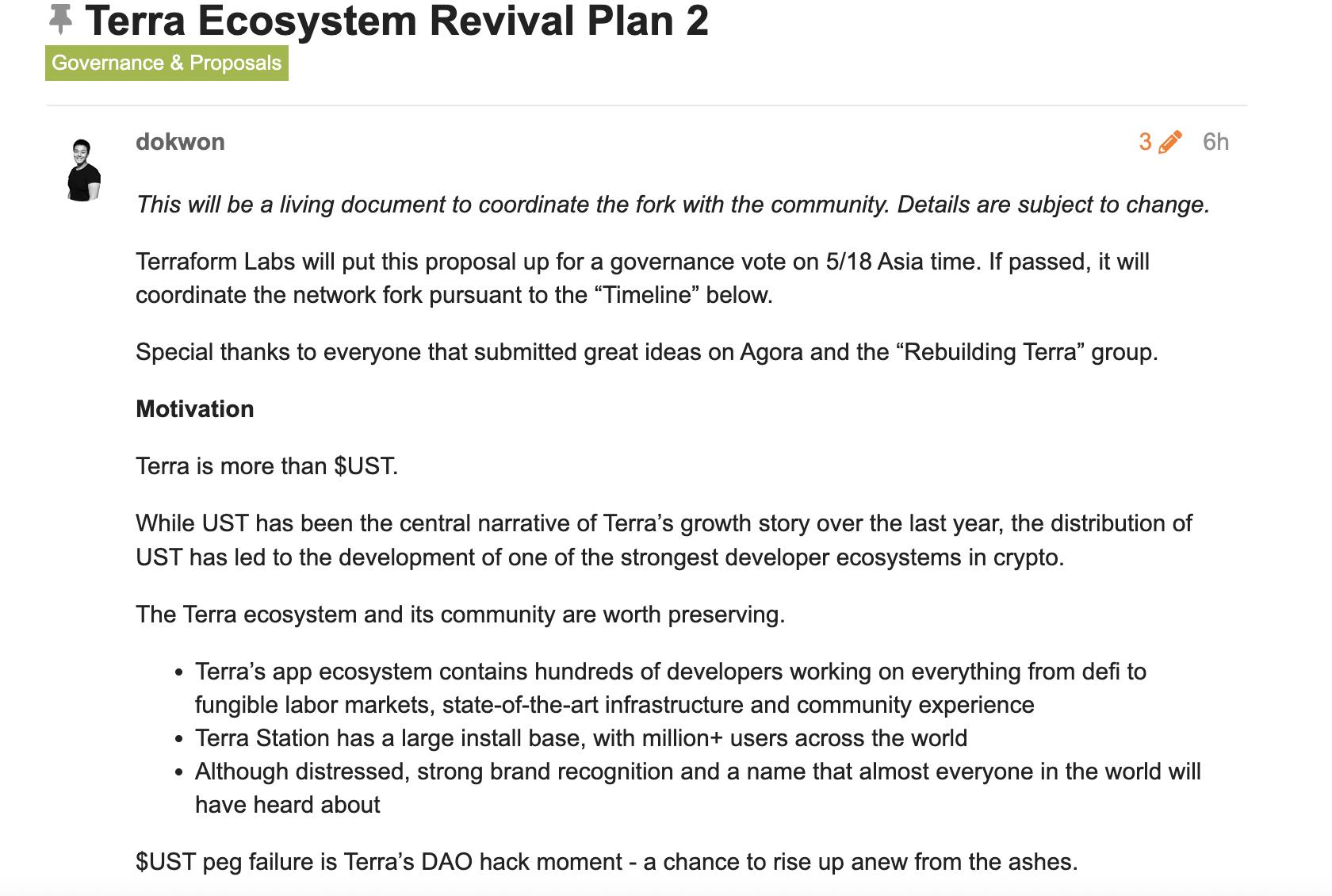 Do Kwon提出新的Terra复兴计划，提议将Terra链分叉成没有算稳的新链