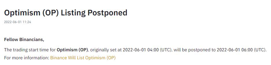 币安：Optimism 代币 OP 现货交易时间将推迟至 14:00