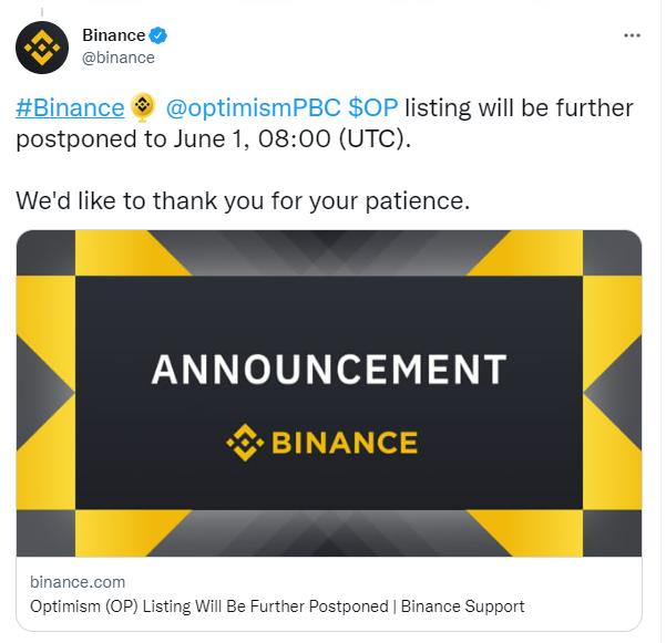 币安将 Optimism 代币 OP 现货交易时间进一步推迟至 16:00