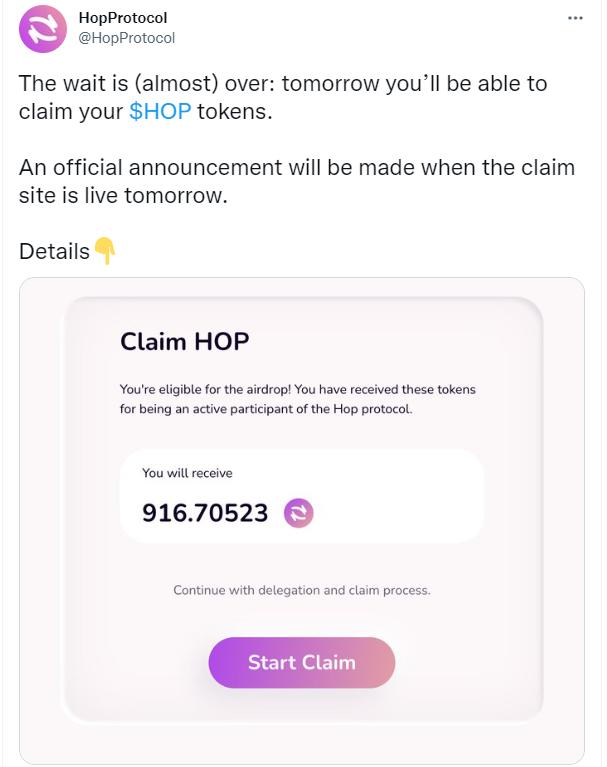 HopProtocol 宣布 Hop 代币空投将于明日开放认领