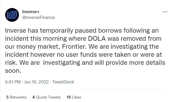 DeFi 借贷协议 Inverse Finance 遭闪电贷攻击损失 120 万美元，已暂停借款