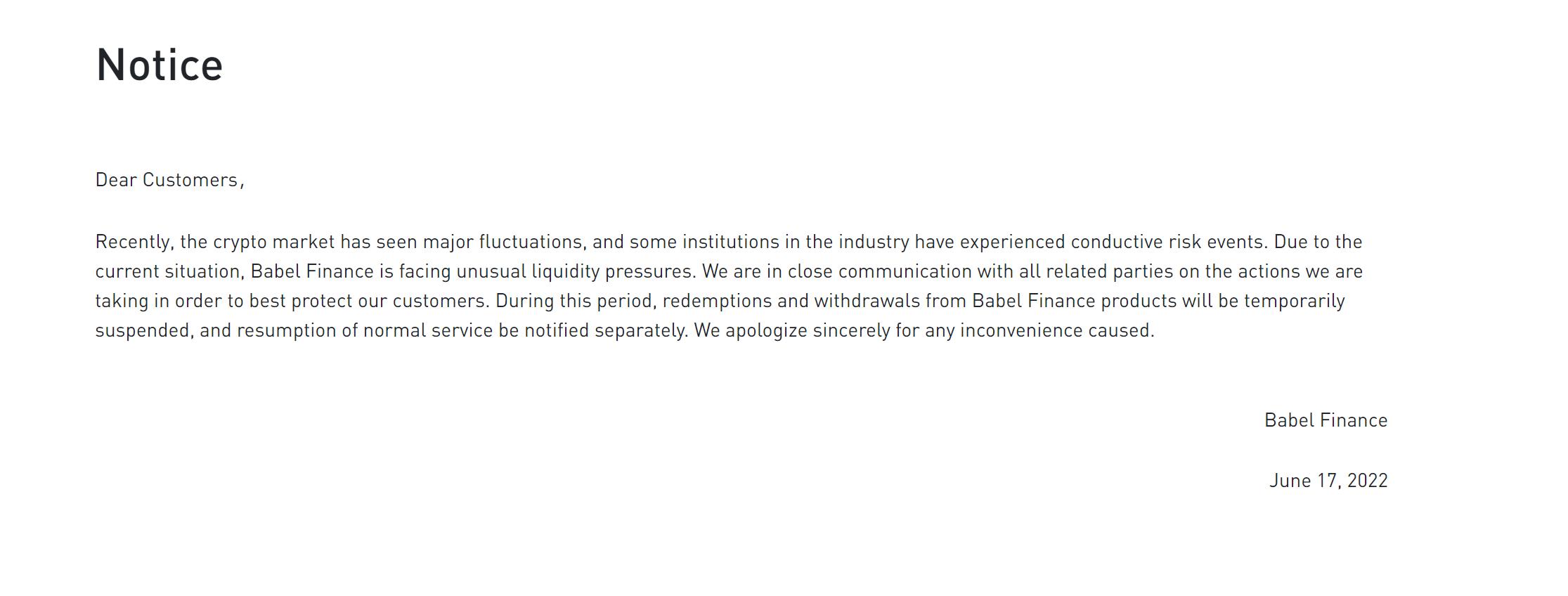 Babel Finance 因面临较大流动性压力暂停产品赎回和提币功能