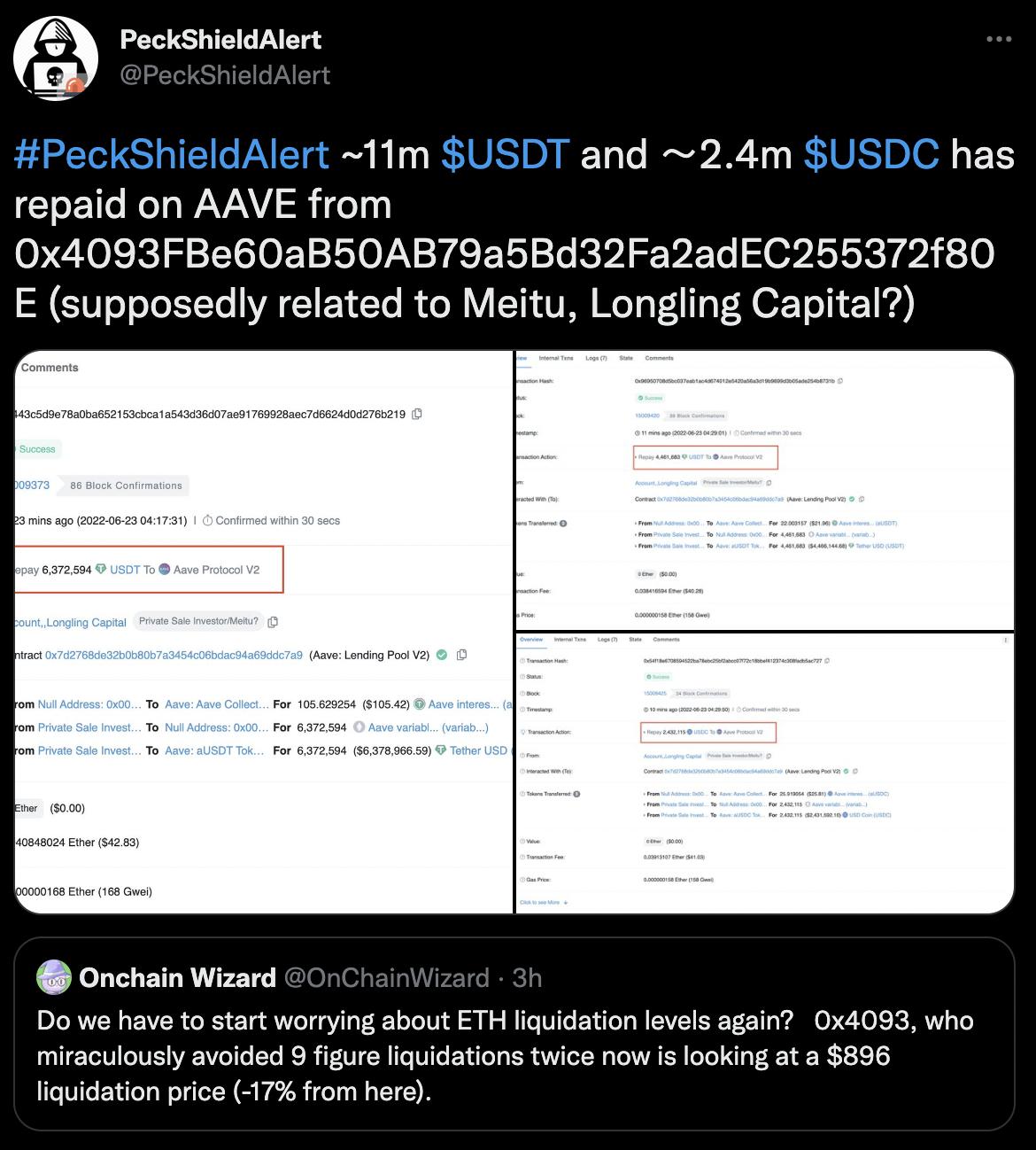 派盾：疑似美图地址支付约 1340 万枚稳定币来偿还 Aave 债务