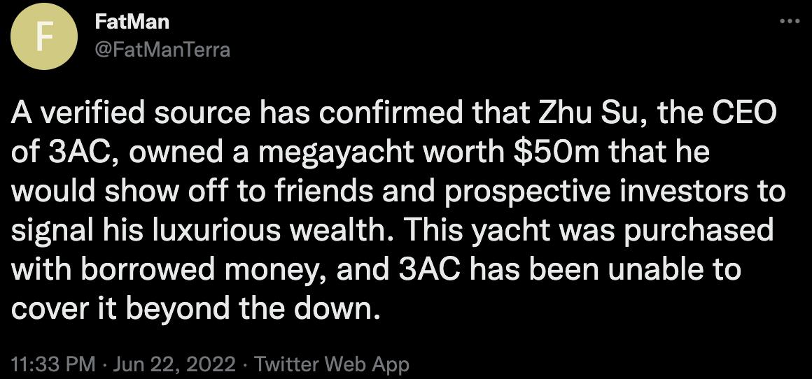 Terra研究员FatMan：Zhu Su用借款购买价值5000万美元的游艇，目前其无法支付除首付外的余款