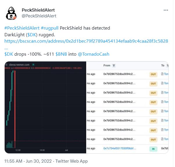 PeckShield：DarkLight 发生 Rug Pull，约 611 枚 BNB 被转移至 Tornado Cash
