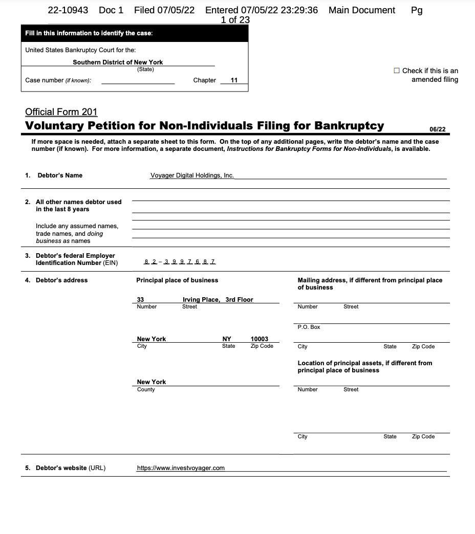 加密经纪商 Voyager Digital 在纽约申请破产保护