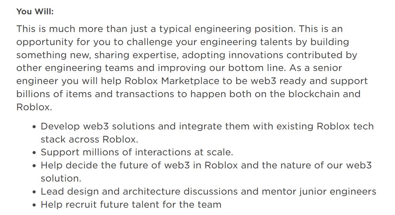 元宇宙平台 Roblox 正在招聘 Web3 高级软件工程师，以开发 Web3 解决方案