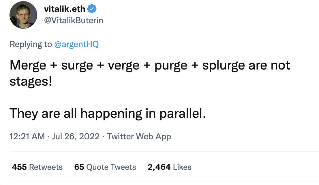 Vitalik：Merge、Surge、Verge、Purge 和 Splurge 不分阶段，而是同时进行