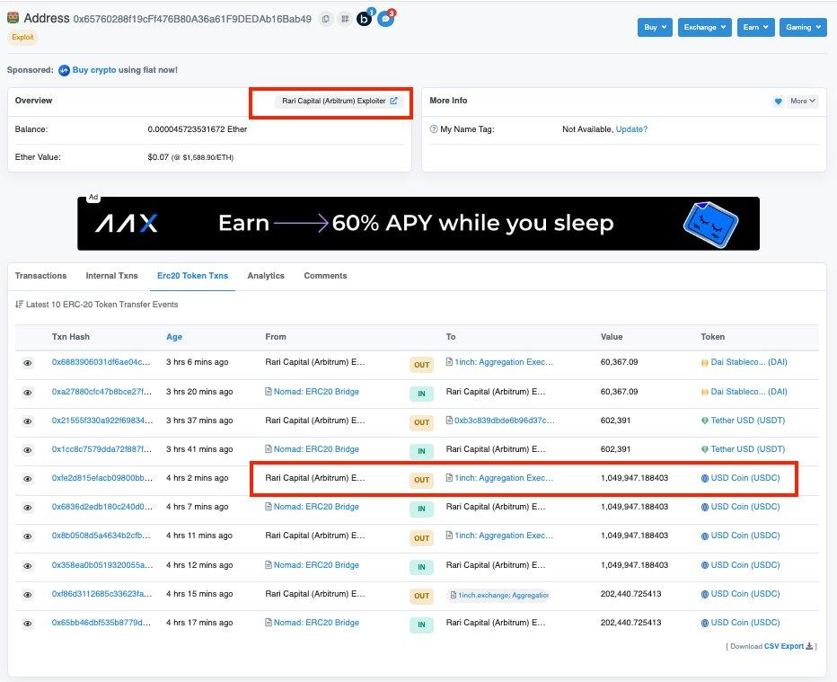 PeckShield：Rari Capital 事件的黑客参与 Nomad 跨链桥攻击，获利约 300 万美元