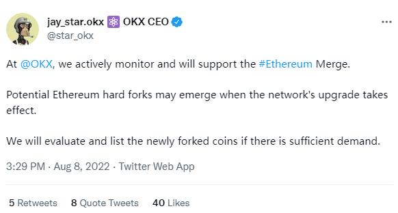 OKX CEO：支持以太坊合并，新分叉代币需求高的情况下也将进行评估、上线