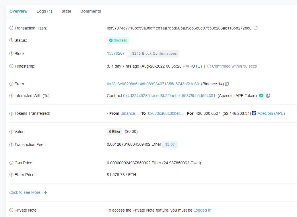 歌手黄立成 0x020c 开头地址从币安提币 42 万枚 APE