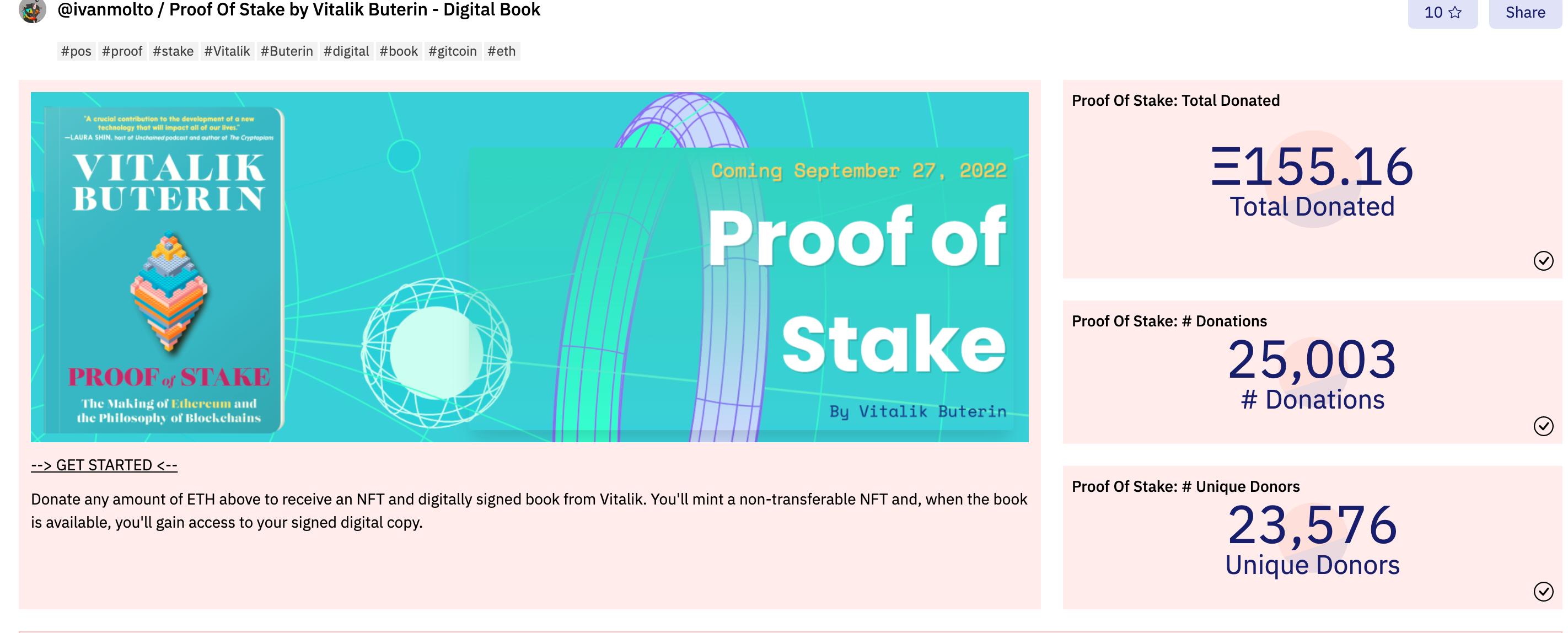 Vitalikの新書『Proof of Stake』は25,003件の寄付を受け、累計金額は155 ETHに達しました。