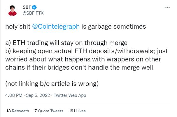 SBF：FTX 在以太坊合併期間 ETH 交易和存取功能保持正常