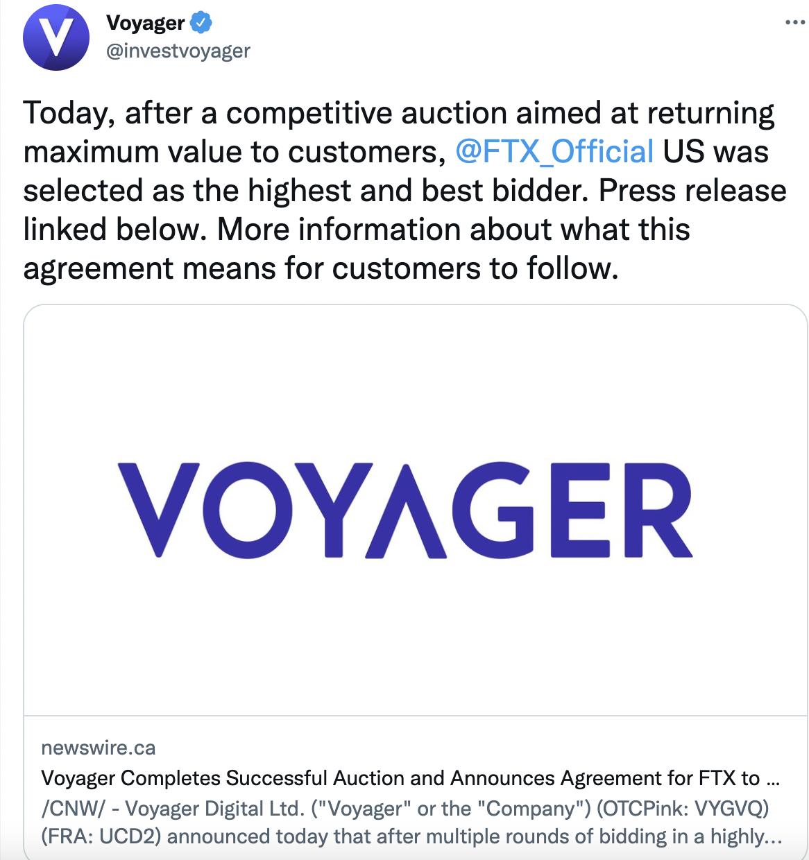 Voyager 正式宣布完成拍賣，FTX 以 14.22 億美元出價競拍成功