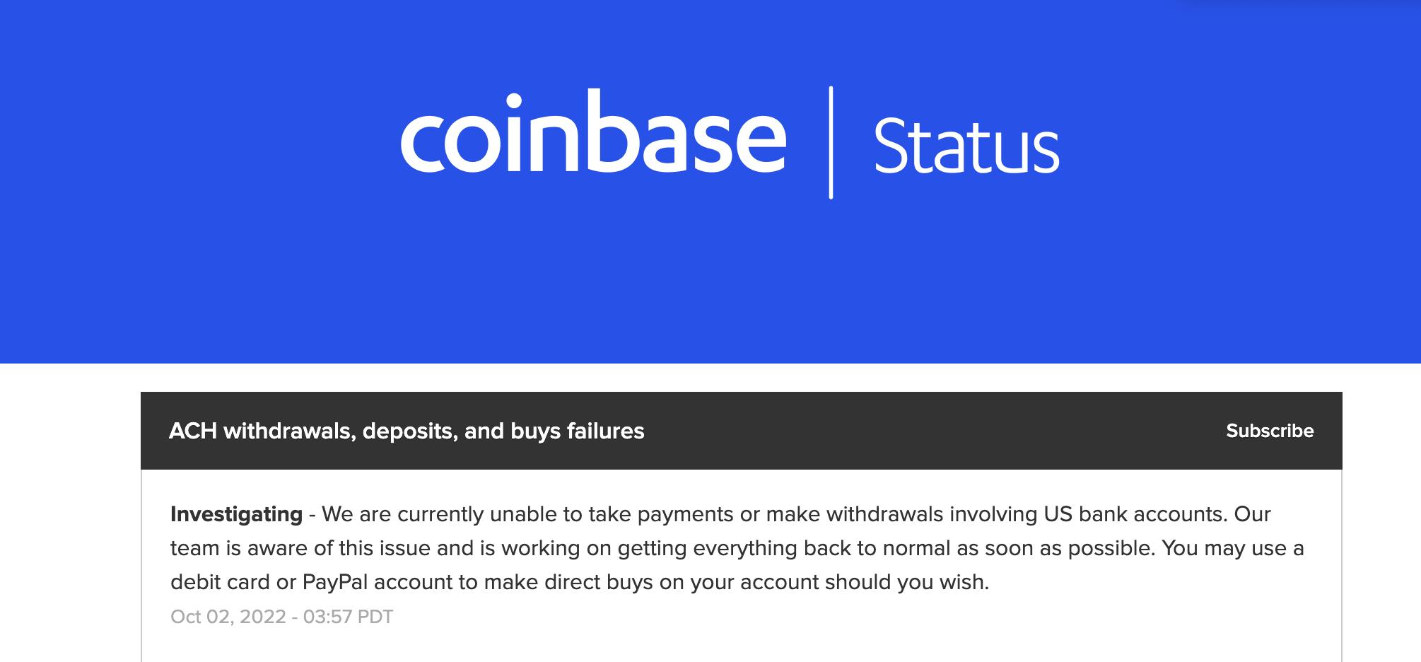Coinbase 暫時無法受理涉及美國銀行帳戶的支付或提款業務