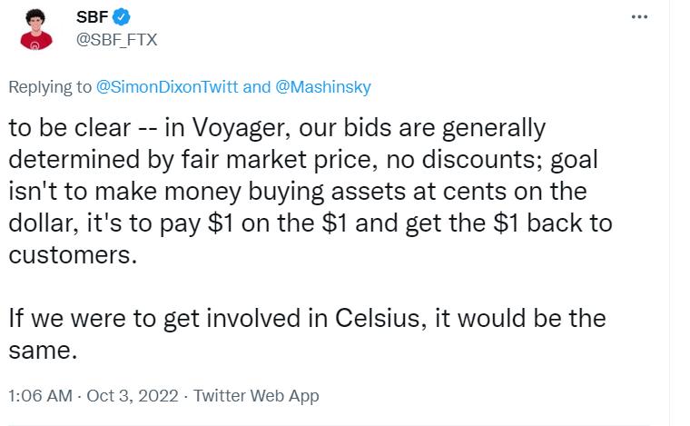 SBF：Voyagerの買収は公正市場原則に基づいており、Celsiusの買収も同様である。