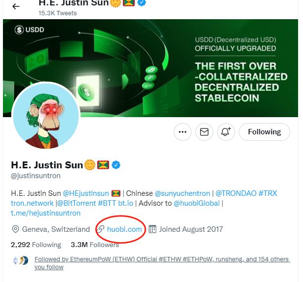 孫宇晨推特簡介鏈接已換為 Huobi 官網