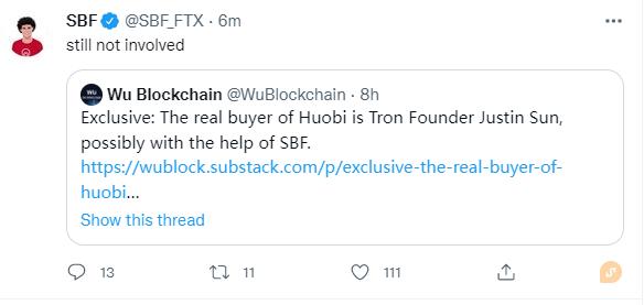 SBF 回应“协助收购”：FTX 没有参与火币全球收购