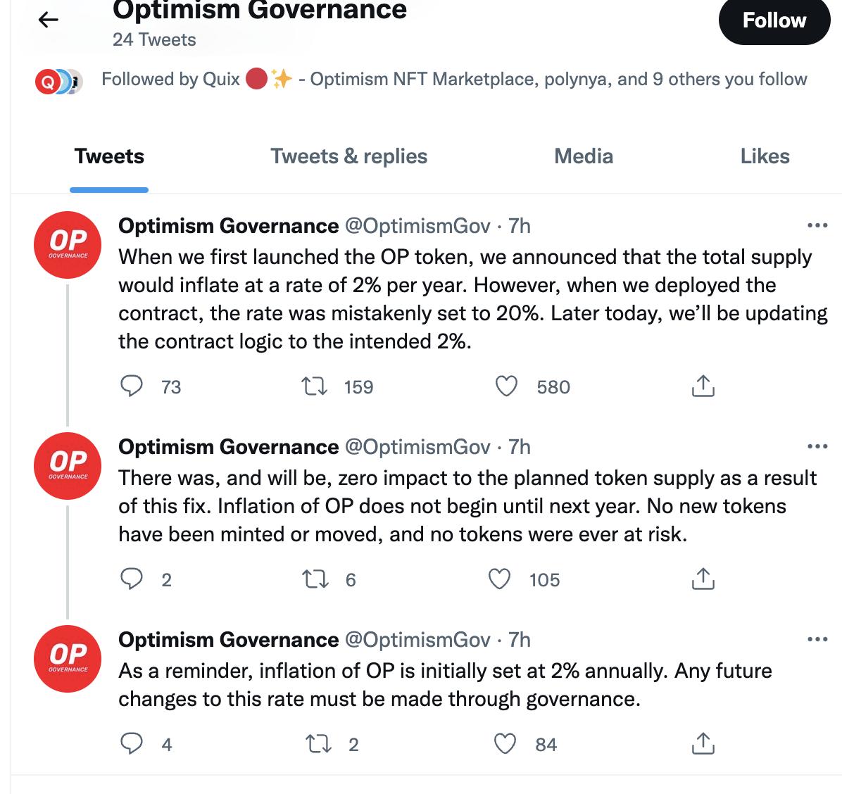 Optimism：OPトークンの予定された2%のインフレ率が誤って20%に設定されましたが、計画されたトークン供給には影響しません。