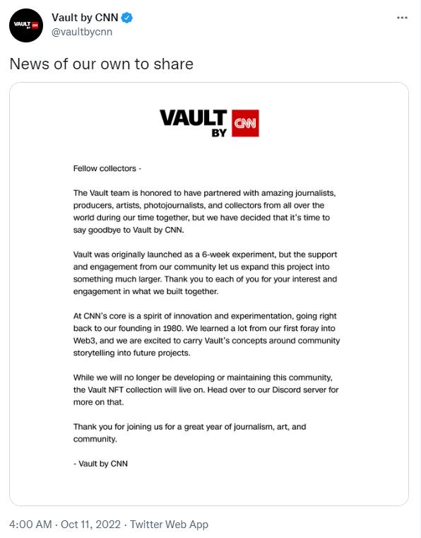 CNNが発表したWeb3プロジェクトVaultは、運営を停止し、NFT保有者に補償を行うことを発表しました。