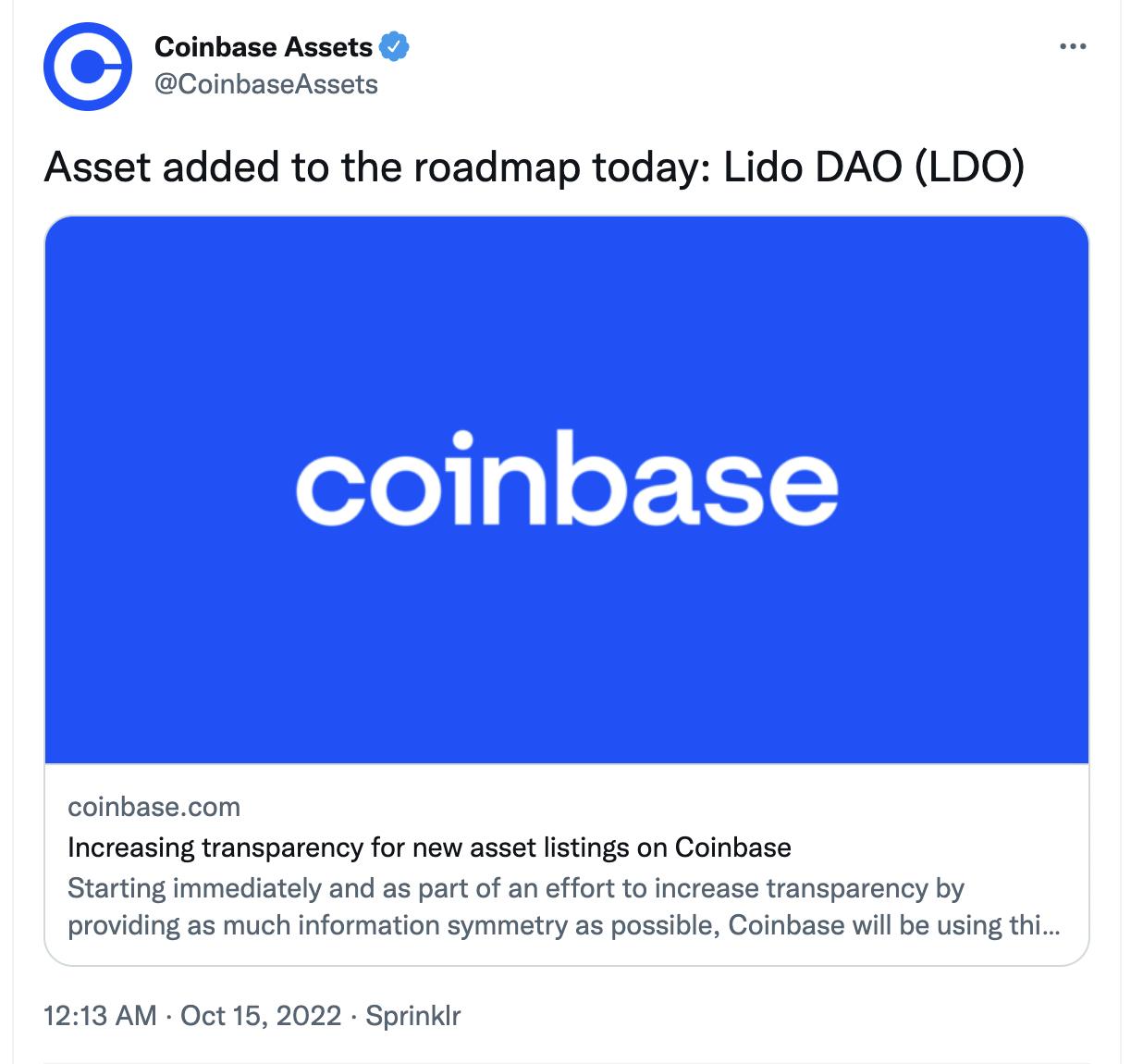 Coinbase는 Lido DAO (LDO)를 자산 상장 로드맵에 추가했습니다