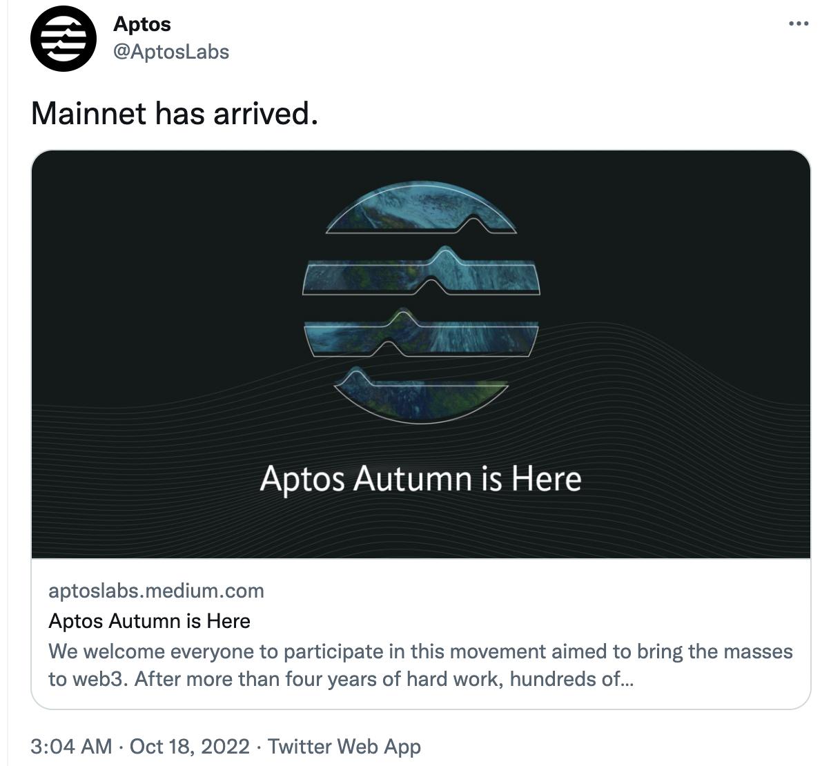 Aptos 正式上线主网 Autumn