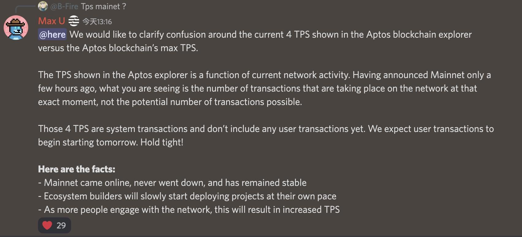 Aptos：TPS 低于比特币系误解，TPS 会随着用户参与逐渐增加