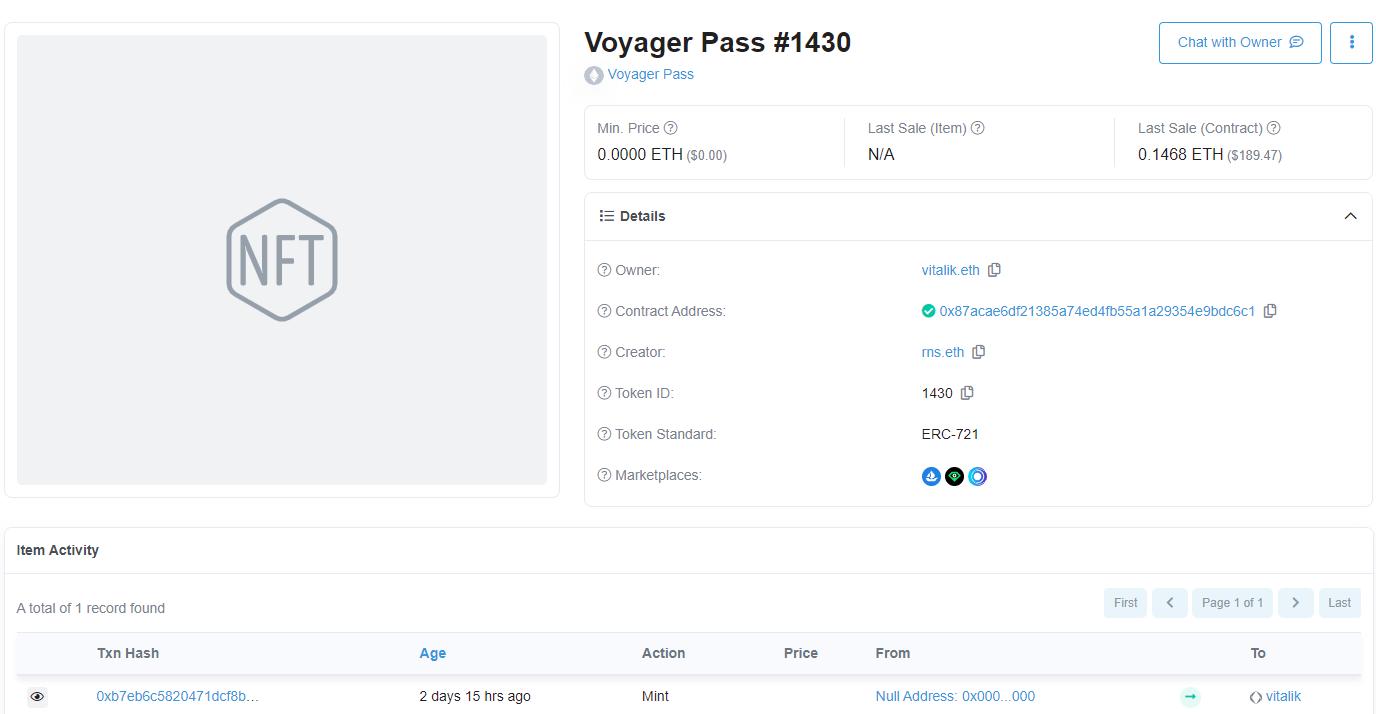 Vitalik은 팔라우 공화국의 디지털 신원을 교환할 수 있는 NFT "Voyager Pass 1430"을 발행했습니다