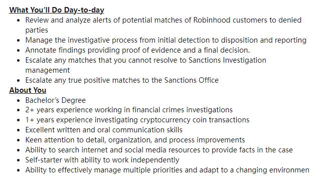 Robinhood is hiring a sanctions investigator for its financial compliance department