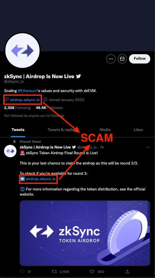 派盾：伪造推特账号 @zksync_io 发布虚假空投链接
