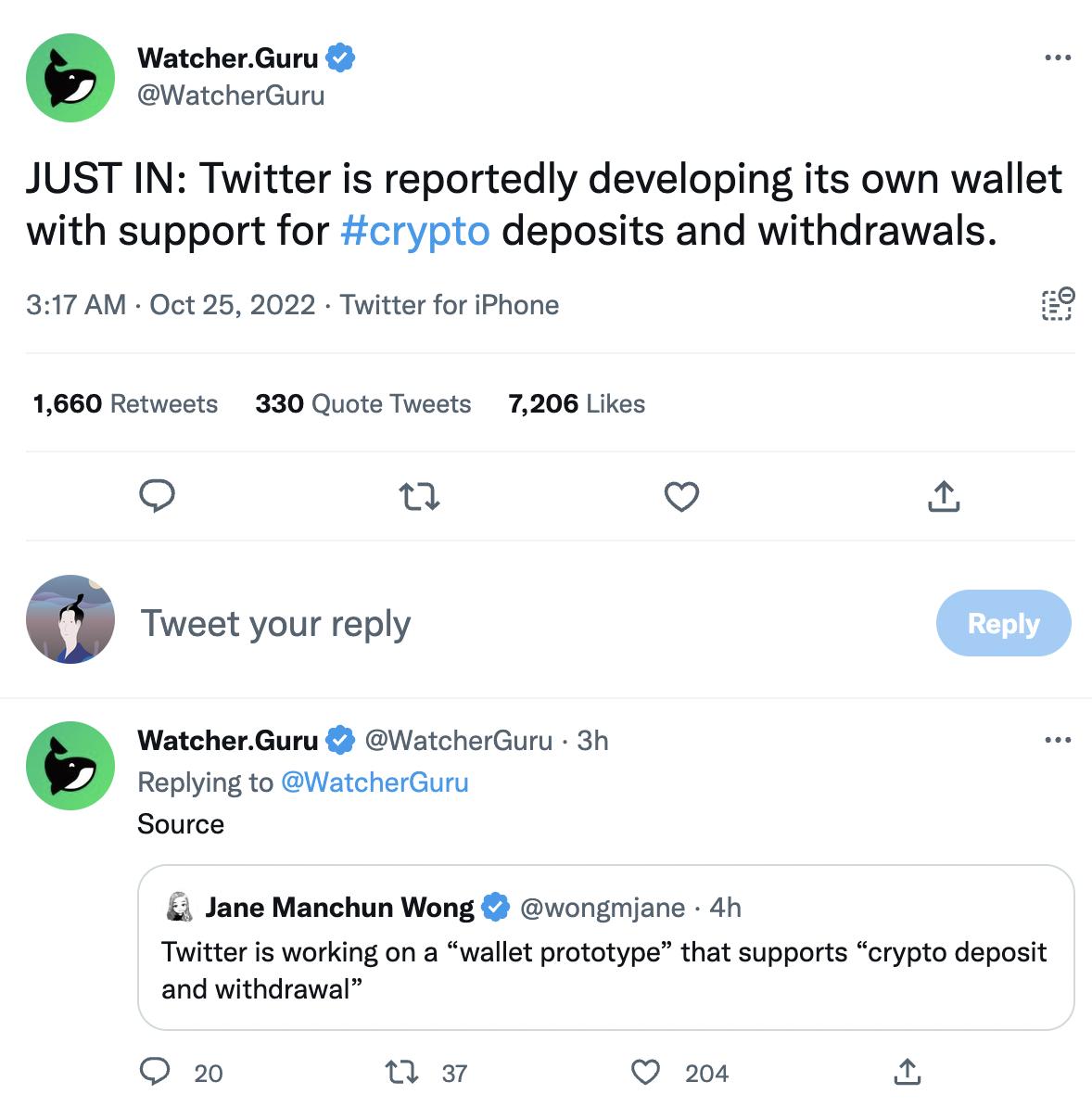 WatcherGuru：Twitter 正开发支持加密货币存取款的钱包