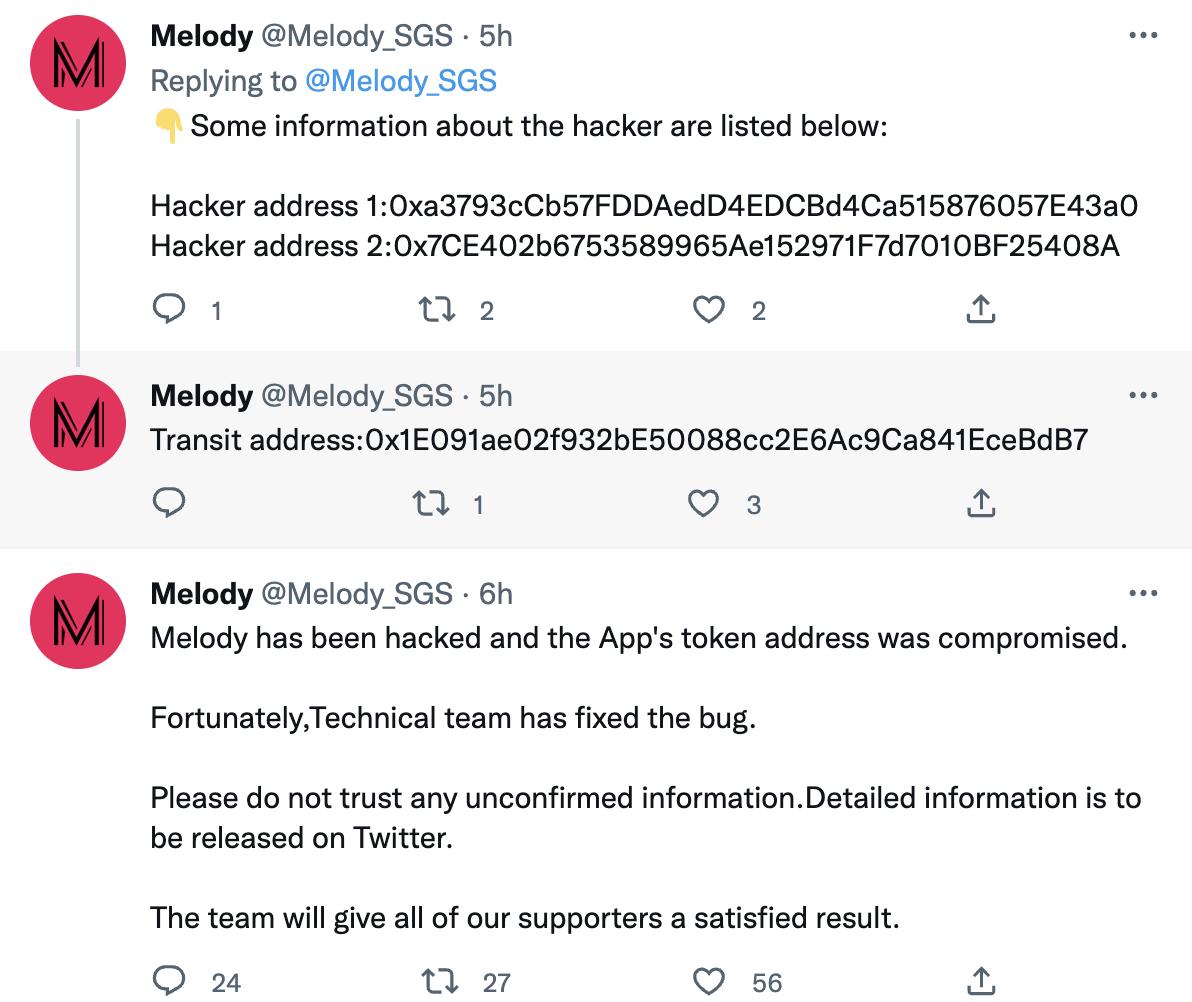 Web3 娱乐社交应用 Melody 代币地址被黑客盗用，团队暂时关闭提现功能