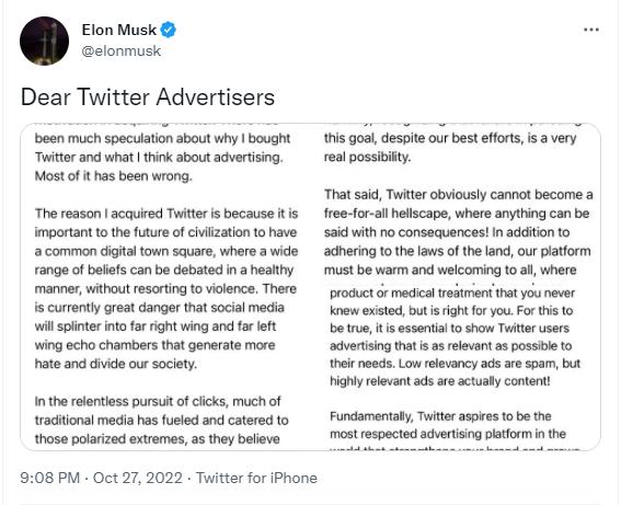 머스크: 트위터는 분명히 절대 자유를 누리며 결과에 책임지지 않아도 되는 곳이 아니어야 한다