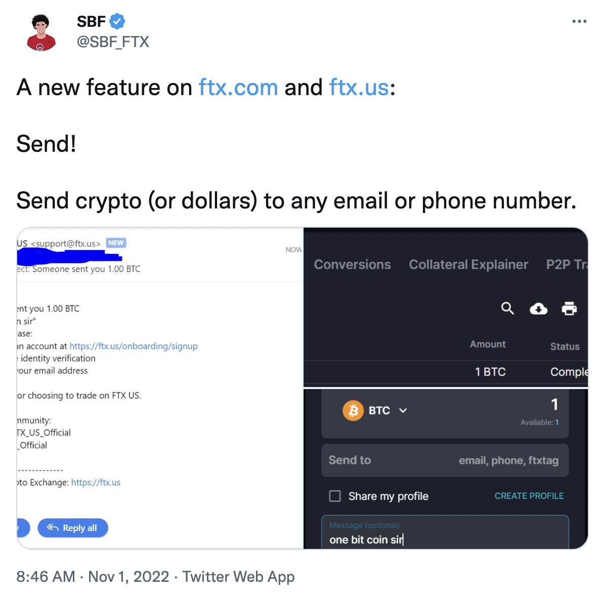 SBF：FTX 现已支持使用邮箱或手机号码进行加密货币转账