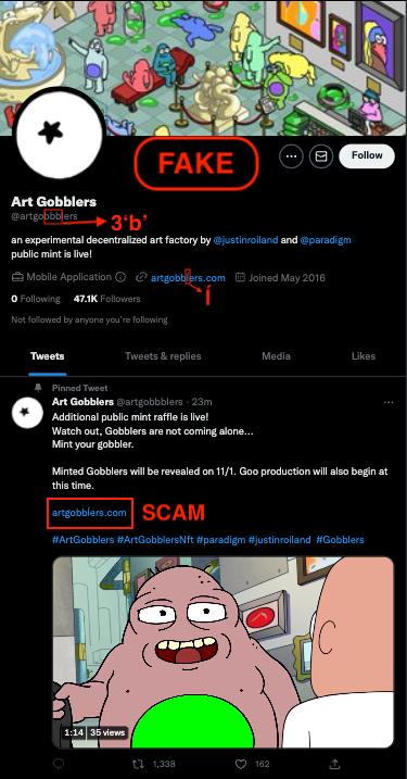 PeckShield：NFT 项目 Art Gobblers 出现假冒账号发布公共铸造抽奖活动