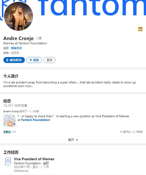 Andre Cronje 領英頁面更新“Vice President of Memes”職位