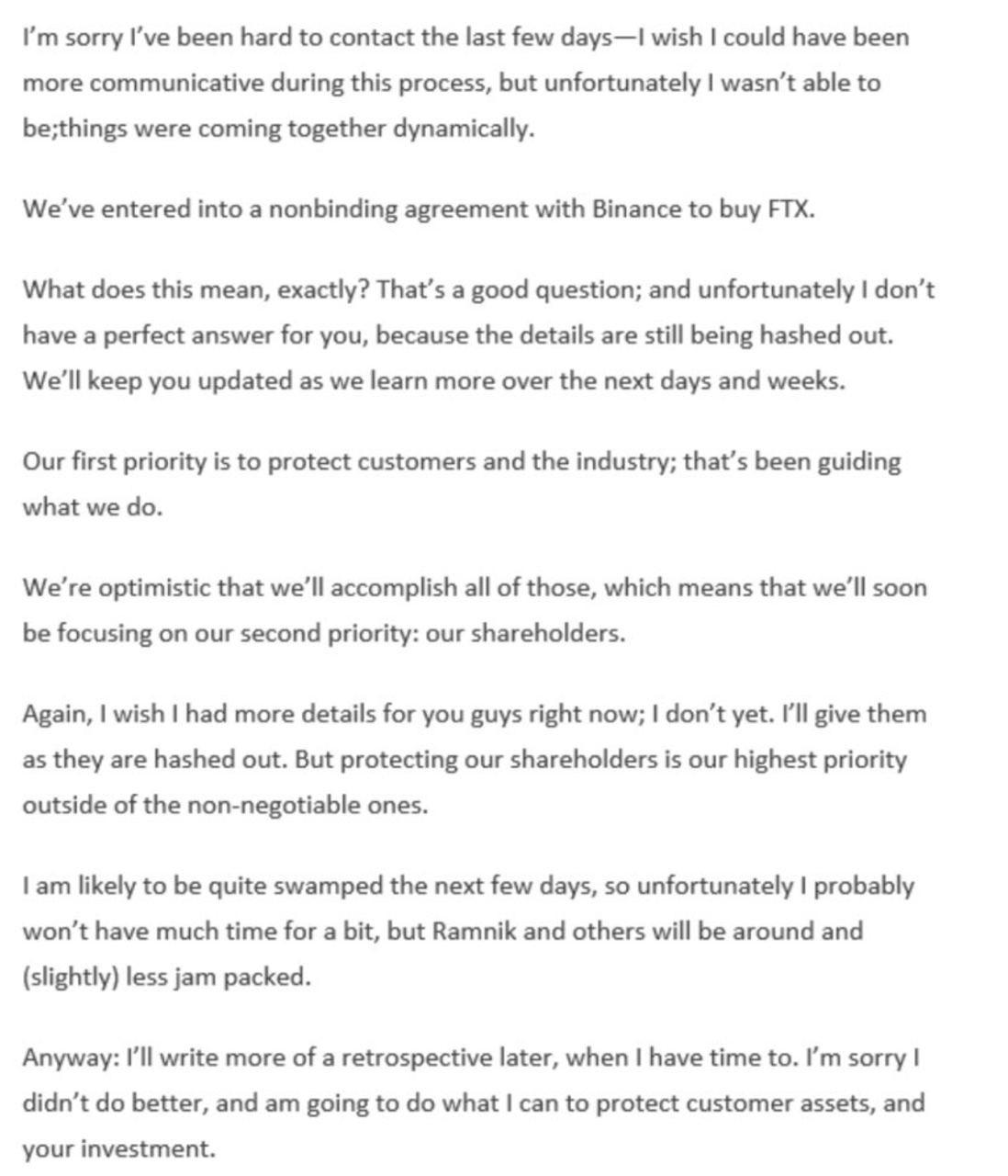 SBF 致股东信：为在币安收购 FTX.com 事件上与投资者缺乏沟通致歉，相关收购细节仍在讨论中
