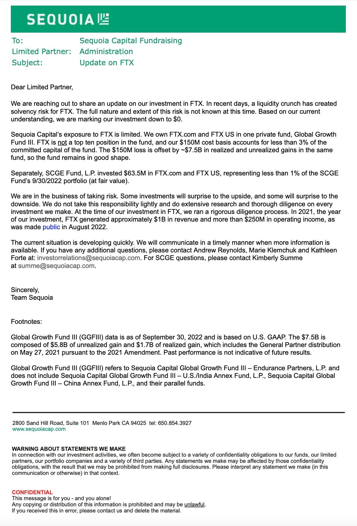 红杉资本：共向 FTX 与 FTX.US 投资 2.135 亿美元，正在减值至 0