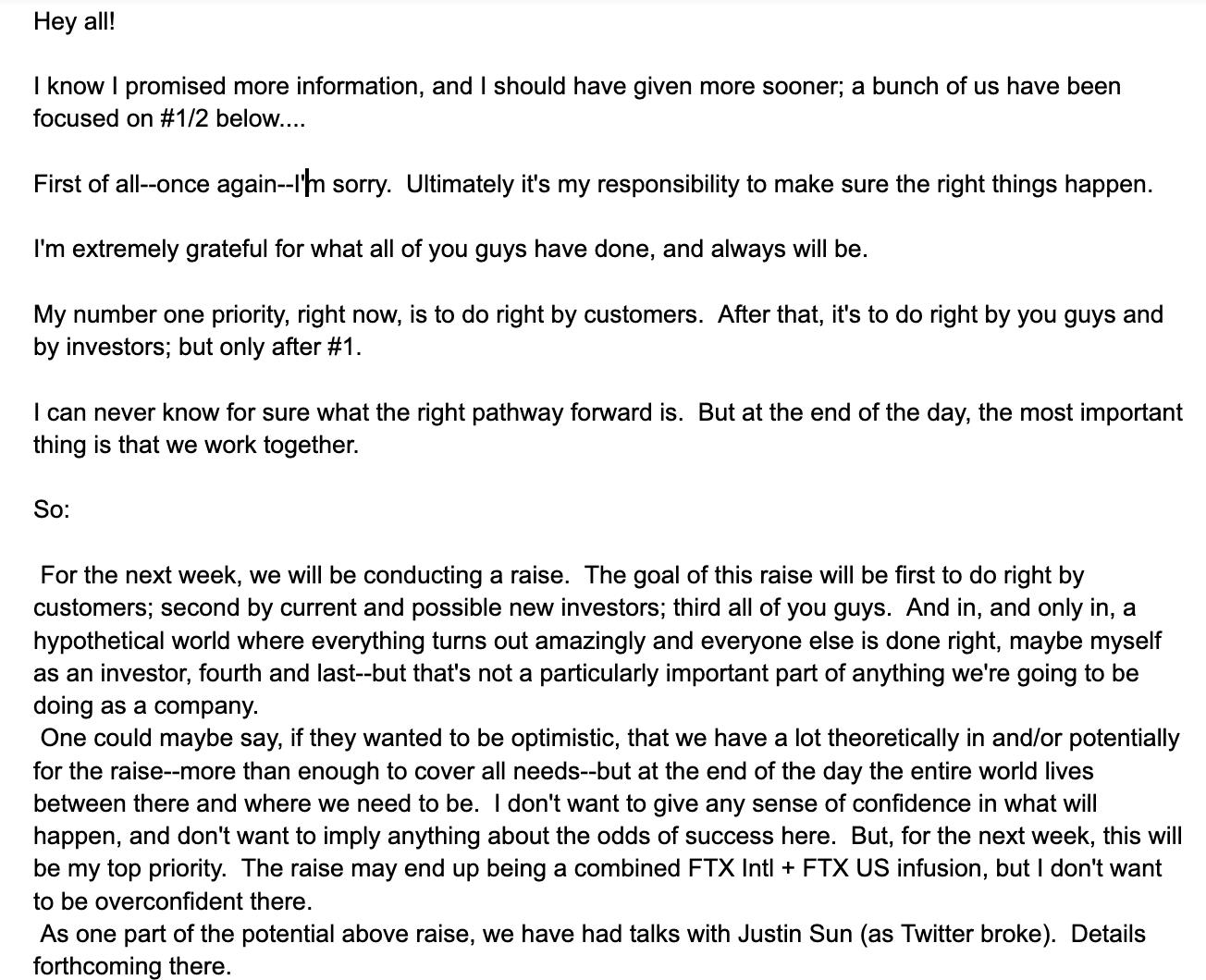 SBF 致员工信：下周将再次募资，正与孙宇晨进行沟通