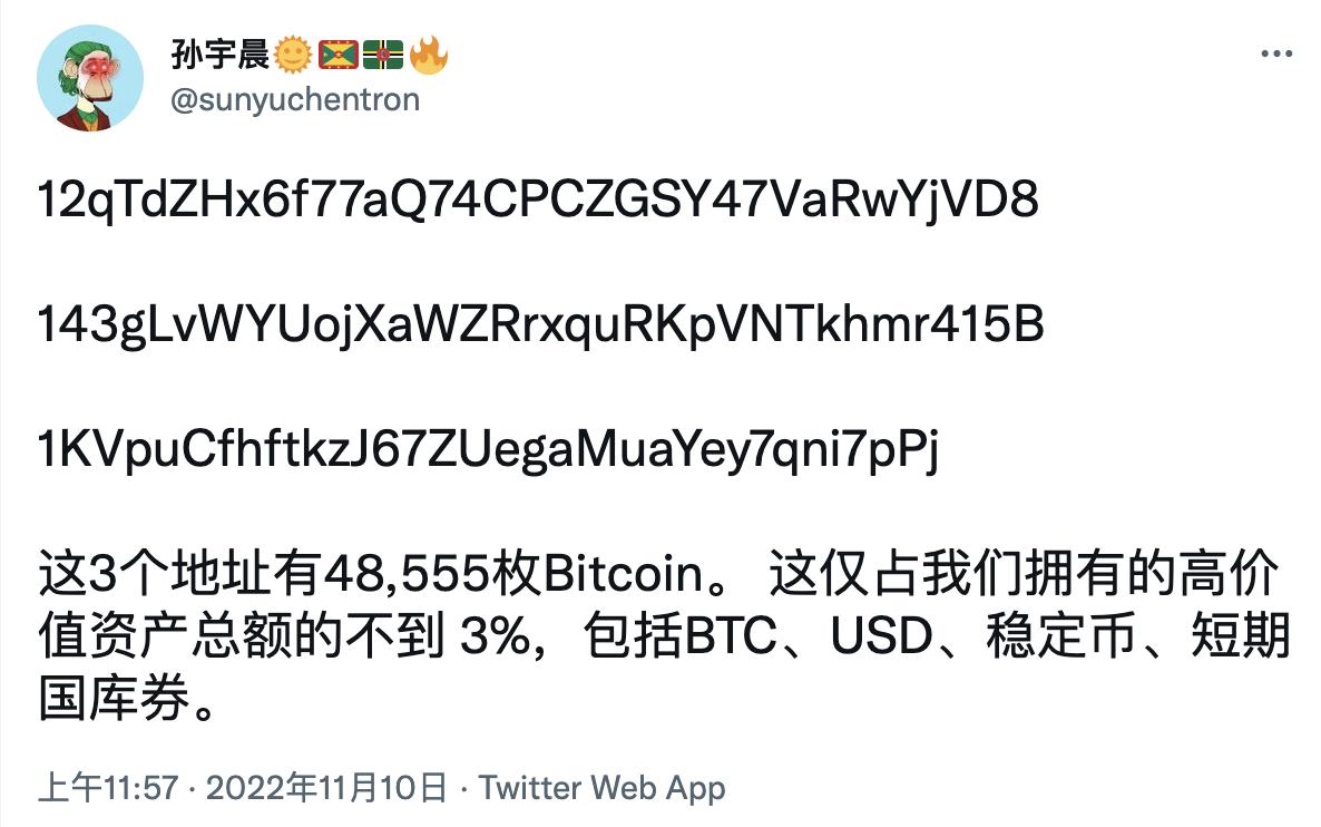 孙宇晨披露 3 个钱包地址：持有 48,555 枚 BTC，占其高价值资产总额比例不到 3%