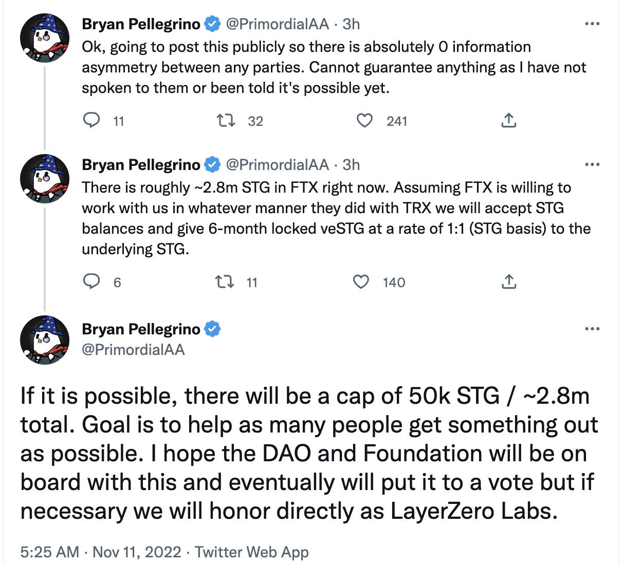 LayerZero ：願 1:1 助けて置換え出 FTX 中 280 万枚 STG を 6 ヶ月ロック期間の veSTG に