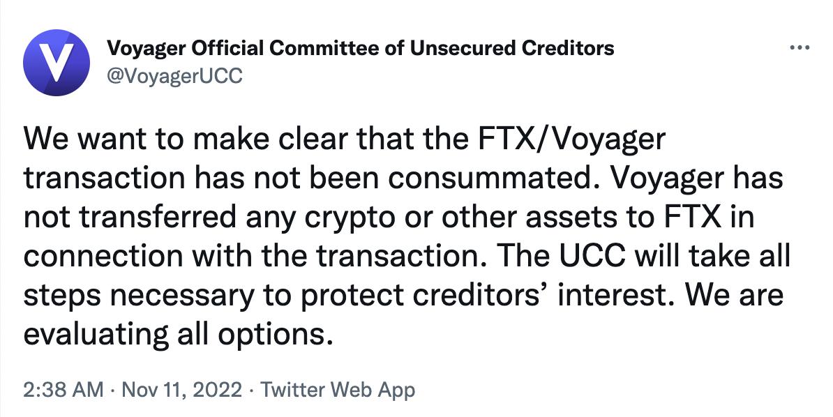 Voyager: Due to the transaction not being completed, no FTX-related assets are held