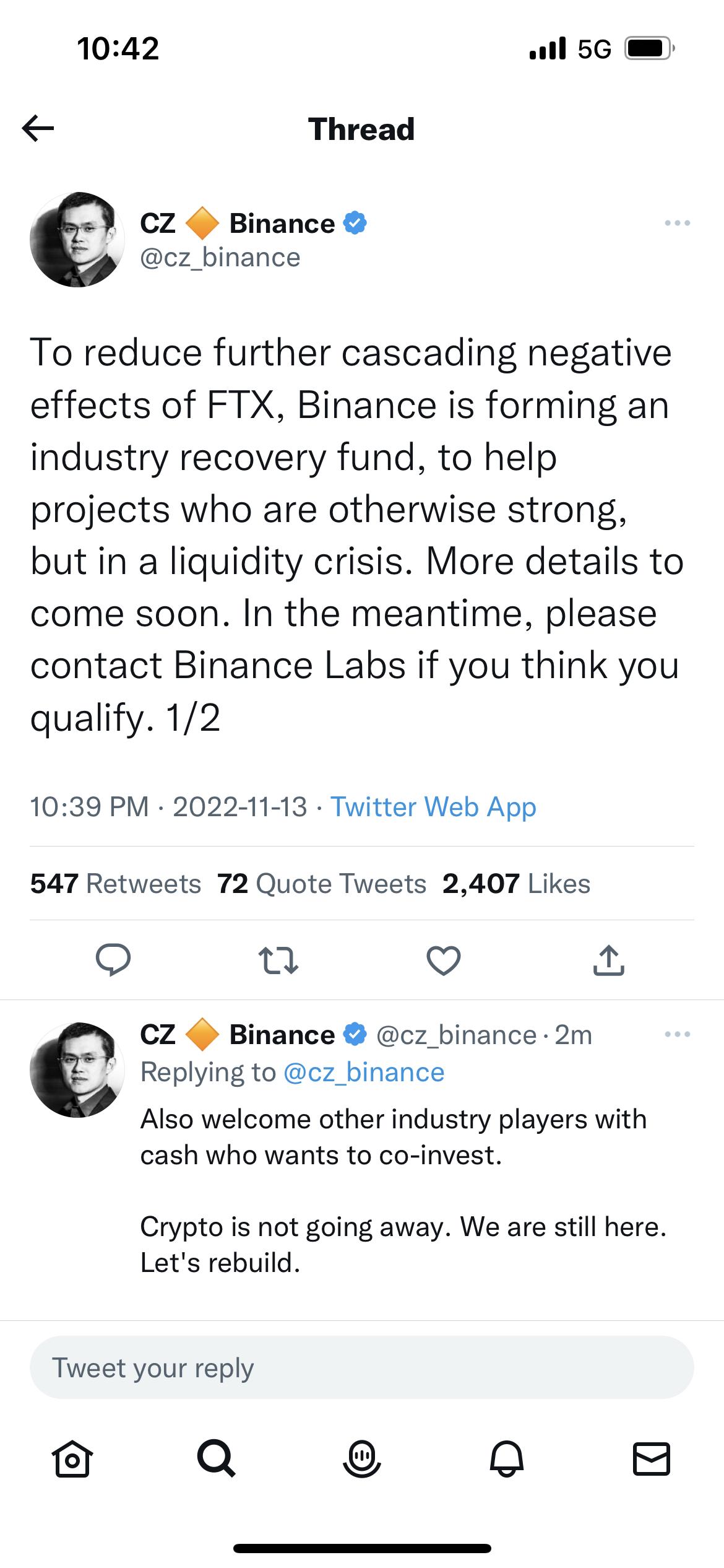 赵长鹏：币安正成立一个行业复苏基金，帮助优质项目度过流动性危机