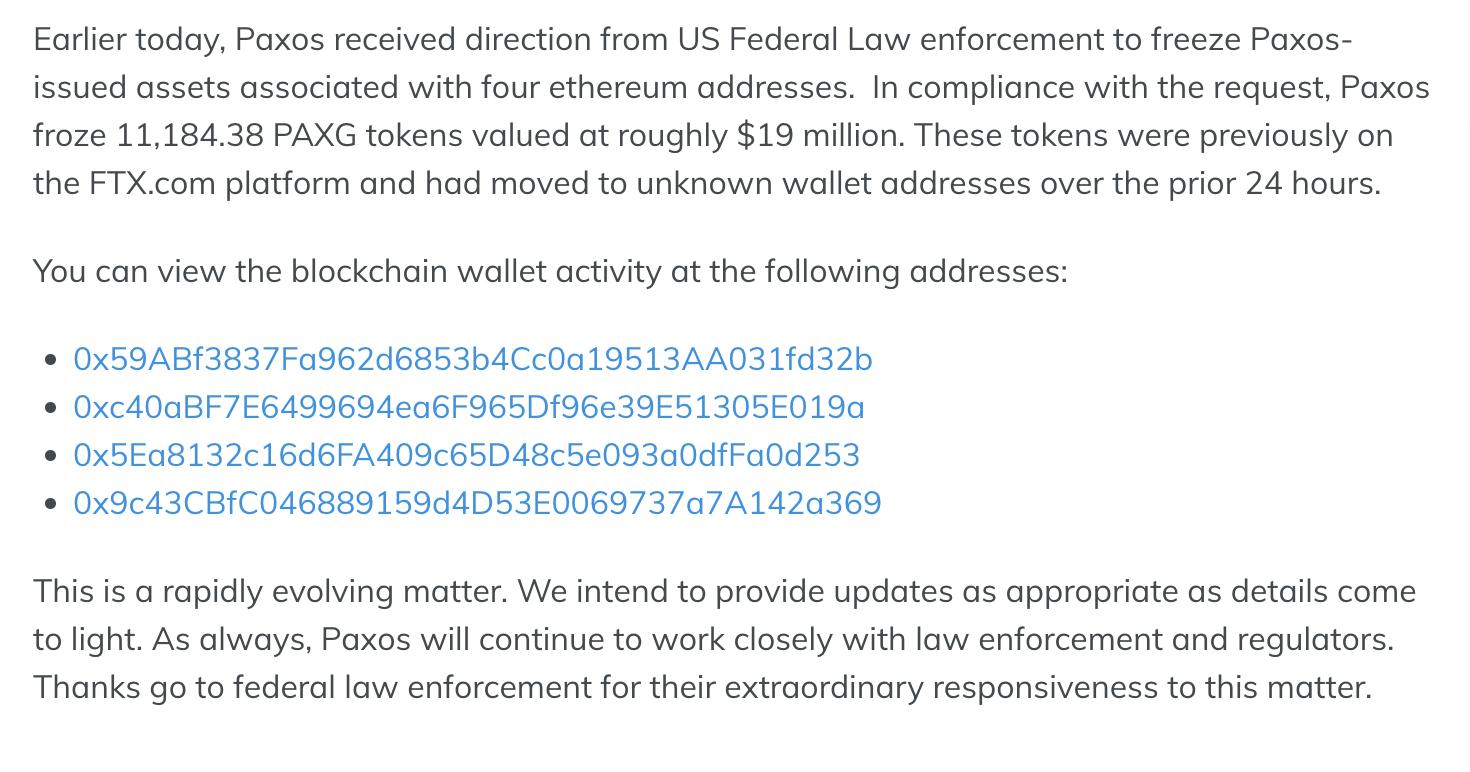 ステーブルコイン発行者Paxosは、アメリカの当局の命令に基づき、FTXに関連する約1900万ドルの暗号通貨を凍結しました。