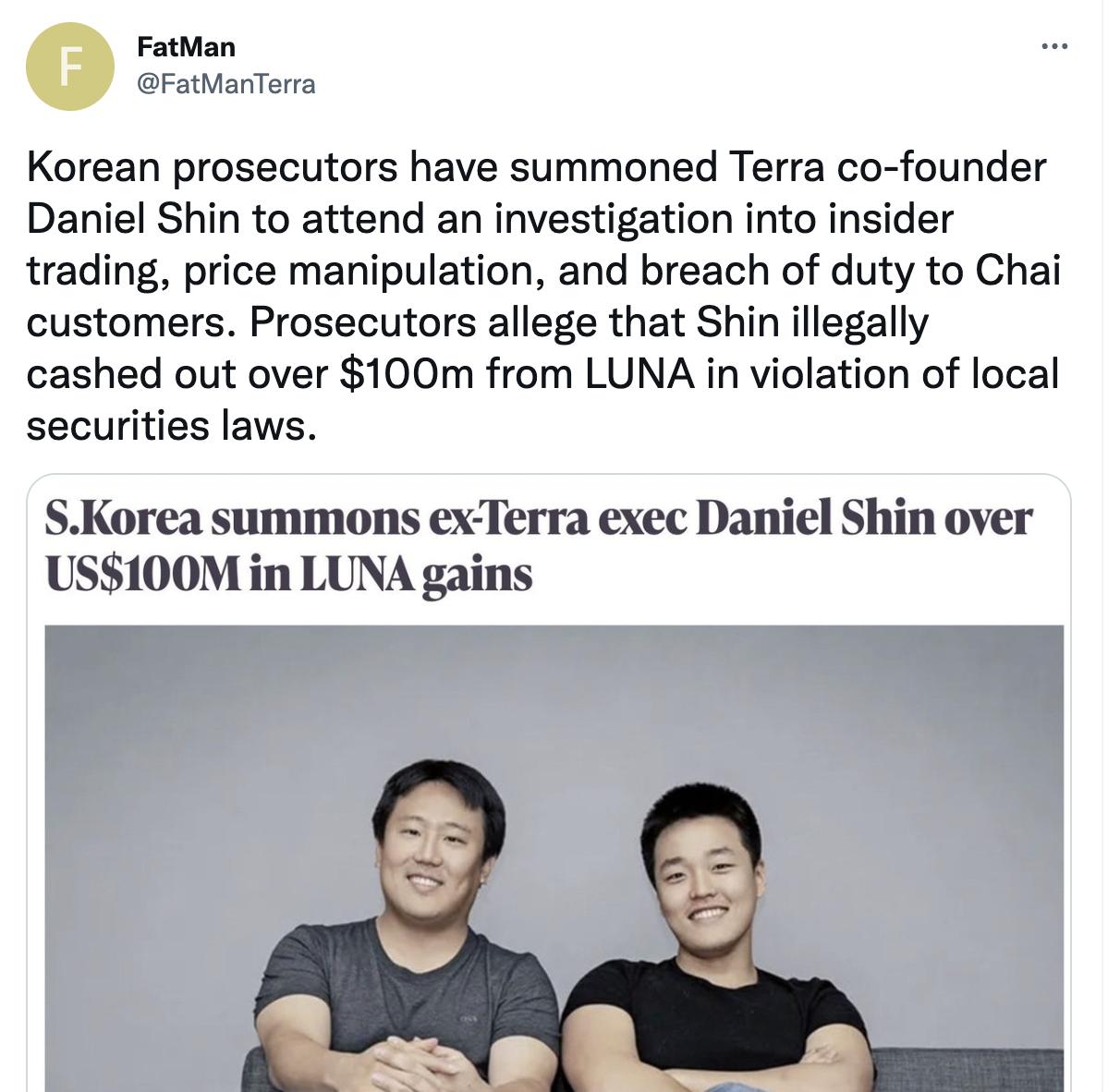 FatMan：韓國檢方已傳喚 Terra 聯創 Daniel Shin 參與調查
