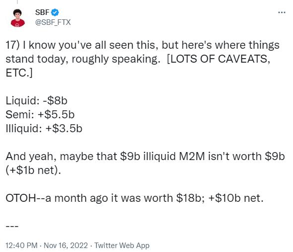 SBF：目前流动性资产负债 80 亿美元，半/非流动性资产账面价值为 90 亿美元