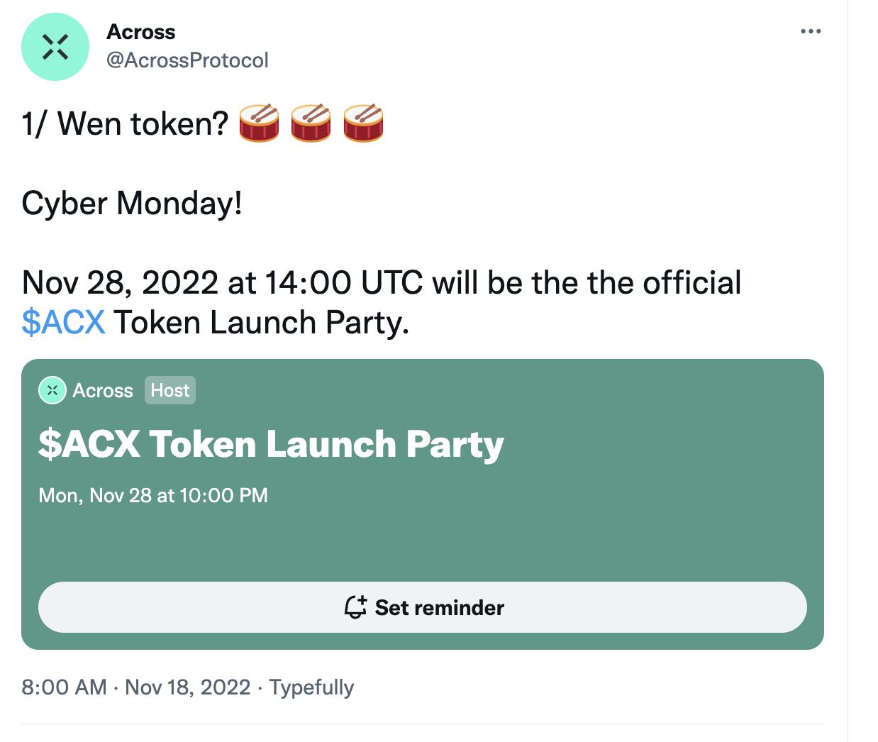 跨鏈橋 Across Protocol 將於 11 月 28 日上線原生代幣 ACX