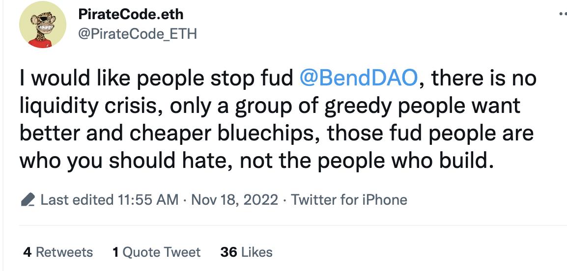 BendDAO 聯合創始人：沒有流動性危機，只有一群貪婪的人想要更便宜的藍籌