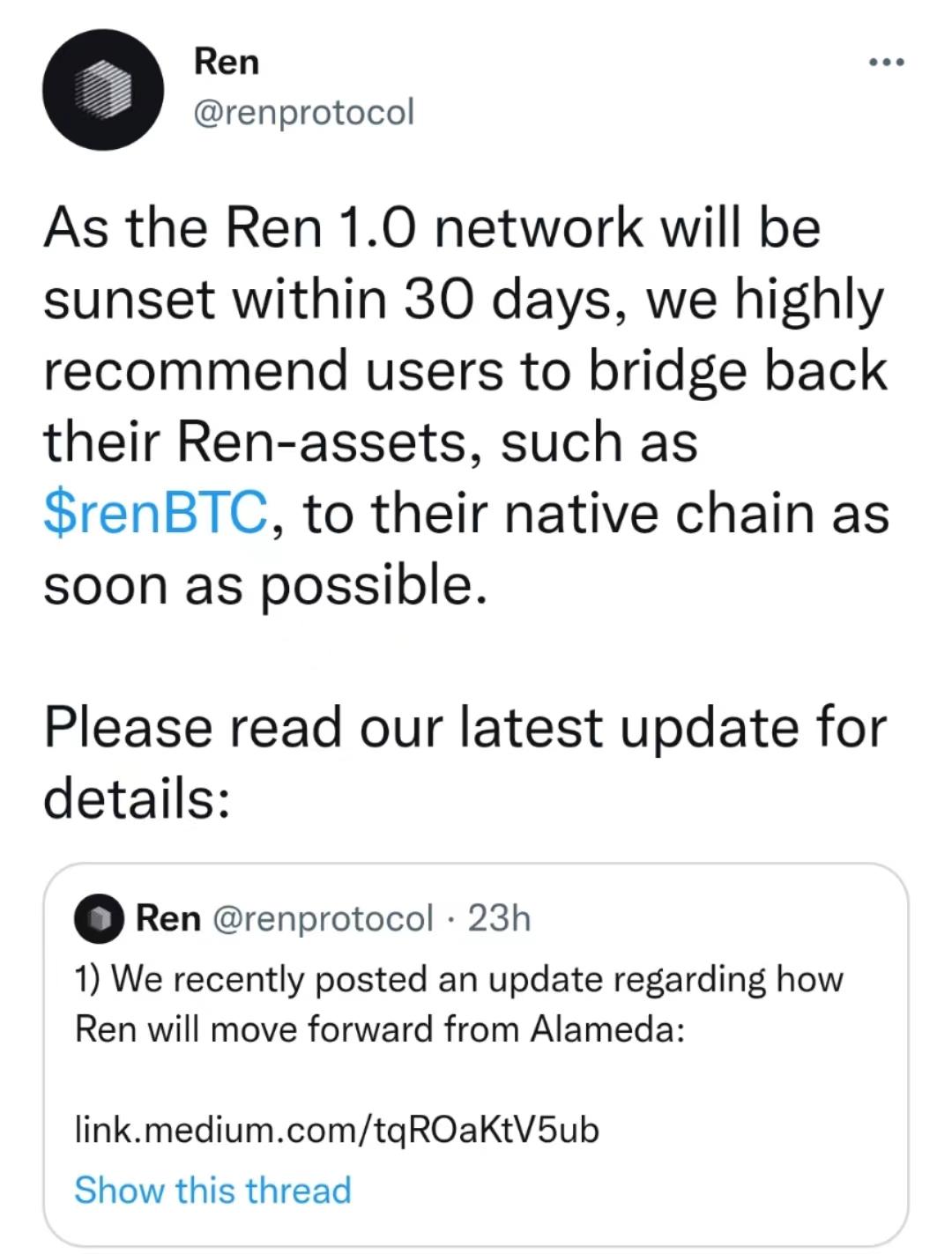 Ren 1.0 網絡將於 30 天內關閉，建議用戶儘快將 Ren 資產橋接回原生鏈
