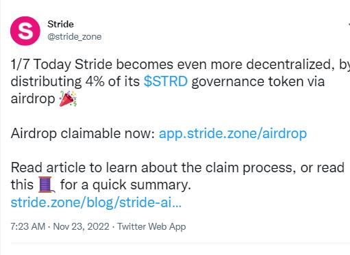 Cosmos ステーキングプロトコル Stride は、そのガバナンストークン STRD のエアドロップ申請を開始しました。